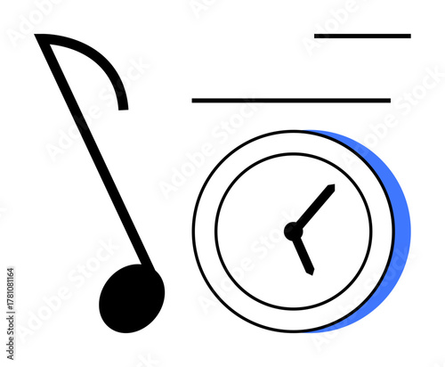 Musical note beside a clock, combining themes of rhythm, timing, and productivity. Ideal for creativity, organization, scheduling, music time management workflow inspiration. Simple flat metaphor