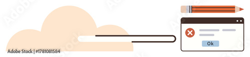 Cloud graphic, search bar, and browser window with error message and pencil nearby. Ideal for technology, cloud storage, troubleshooting, writing, editing UI design problem-solving. Minimal flat