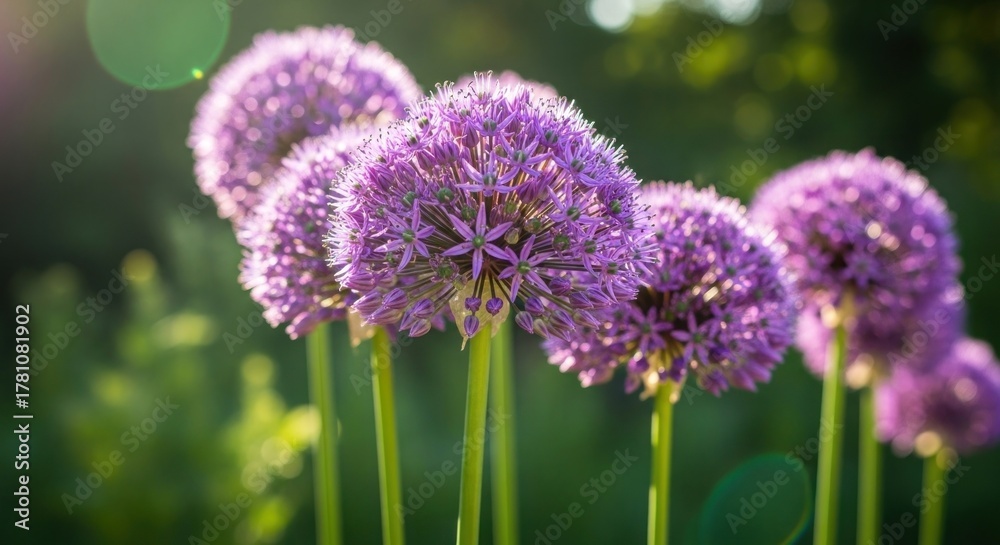 Fototapeta premium Purple allium flowers in a garden setting.