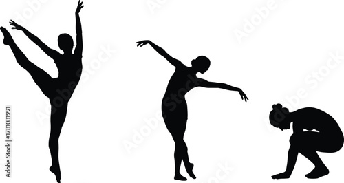 Dance silhouette illustration, elegant poses, minimalist dancers, black figure art, expressive movement, ballet stance, modern design, graceful emotion, trio composition