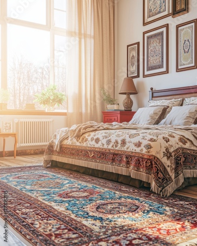 Contemporary design style is showcased in the elegant white luxury bedroom, paired with a blue rug for added flair