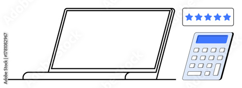 Open laptop with a five-star rating icon and a calculator. Ideal for performance review, feedback, data analysis, productivity, financial planning, business strategy, professional growth. Simple flat