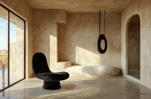 A contemporary living room with beige and white hues is depicted in a 3D rendering