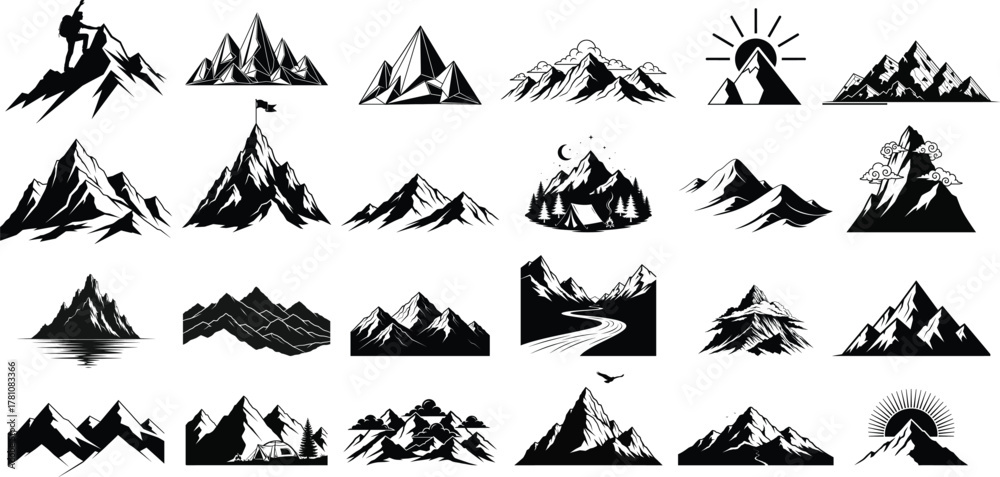Naklejka premium Collection of diverse black and white mountain silhouettes for graphic design and illustration