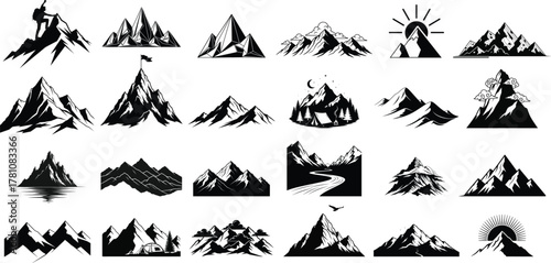 Collection of diverse black and white mountain silhouettes for graphic design and illustration