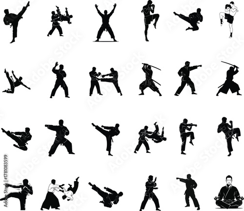 Collection of dynamic martial arts silhouettes demonstrating various combat poses and techniques