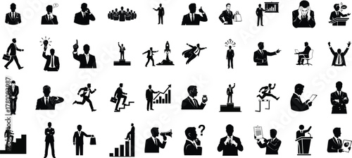 Collection of silhouette business people poses and actions representing success and collaboration