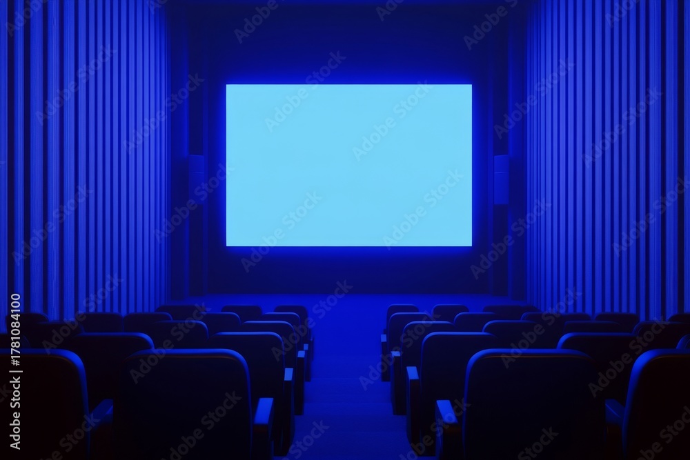 Fototapeta premium A 3D movie screen is the centerpiece of a home cinema room that boasts blue lights and comfortable black leather armchairs