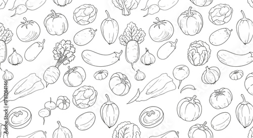Vegetable fruit pattern, seamless design, black and white, hand drawn, carrot, tomato, pepper, lettuce, garlic, radish, sketch style