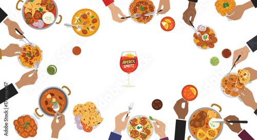 food, dinner, lunch, curry, naan, rice, table, hands, eating, gathering, cuisine, drink, plate, spice, feast, indian food, family dinner, top view, festive meal, shared table, cultural cuisine, spicy 