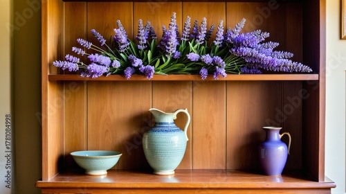A shelf with a blue vase, a bowl and a bunch of purple flowers