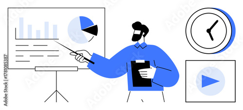 Person pointing to a graph on a presentation board with charts, clipboard in hand, surrounded by a clock and play button. Ideal for business, analysis, teaching, planning, scheduling, productivity