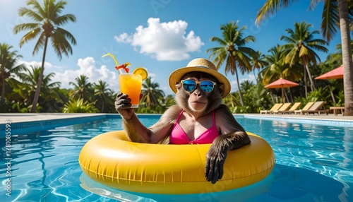 Female Monkey Floating on Yellow Tube in Pool with Sunglasses and Cocktail