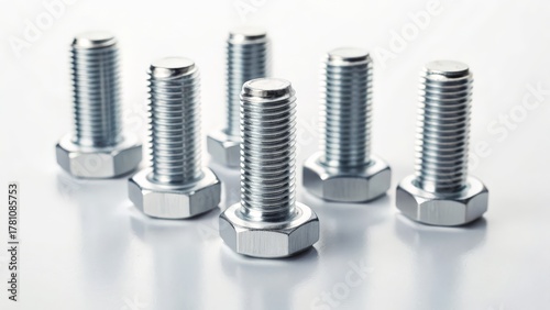 Shiny stainless steel bolts arranged on a white background