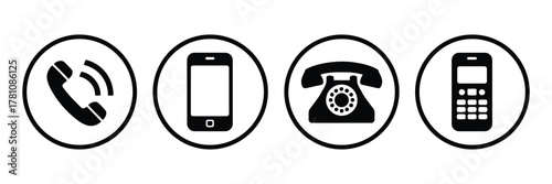 Black and White Phone Icons Modern Smartphone, Vintage Rotary Phone, Cellphone, Handset