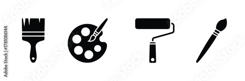 Black Art Painting Supply Icons Paint Brush, Roller, and Palette Illustration