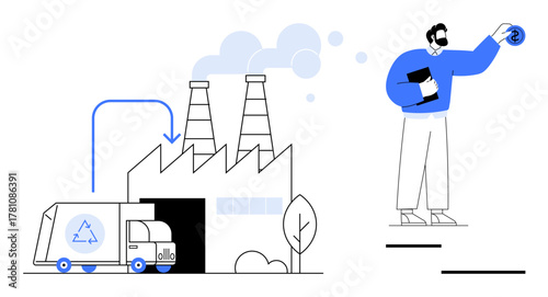 Recycling truck at factory engaged in eco-friendly processes and production. Man holding a coin signifies investment in green technology. Ideal for recycling, environment, sustainability, waste