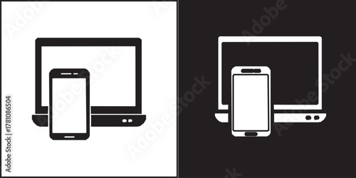 Black silhouette of laptop connected to smartphone via Bluetooth.  smart phone connect with laptop silhouette vector.