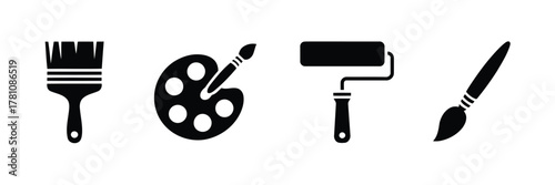 Black Silhouette of Painting Tools Paint Brush, Palette, Paint Roller, and Brush