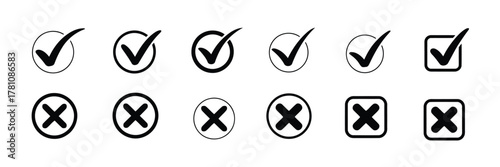 Black Tick and Cross Icons Circle and Square Checkmarks X Marks