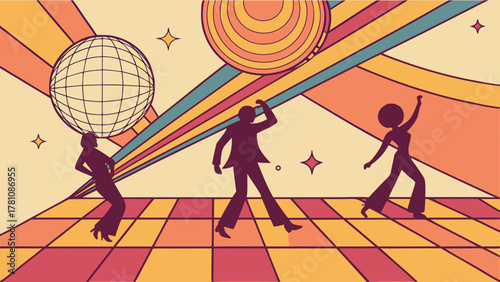 Retro Disco Party Dance Scene Vector Silhouette, A vibrant retro-style illustration depicting three silhouettes dancing under disco balls and colorful striped lights, capturing a 70s party vibe