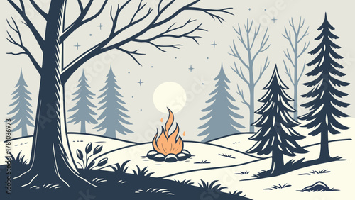Winter Forest Campfire Night Scene Vector, Illustration of a campfire burning in a snowy winter forest at night, under a moon and starry sky 