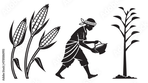 African Farmer with Corn Harvest Silhouettes,  A stark silhouette illustration depicting an African farmer tending to corn plants, representing agriculture and harvest