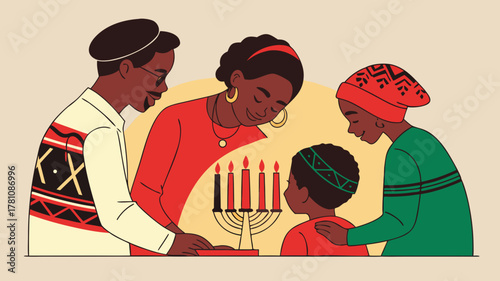African American Family Kwanzaa Celebration Vector, Illustration of an African American family celebrating Kwanzaa, lighting the kinara candles together