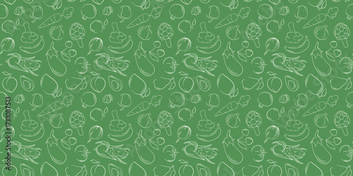 Seamless pattern with line art style fruit and vegetable on green background. Banana, avocado, pepper, carrot, artichoke, strawberry and other for grocery store package.