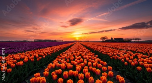 A vibrant tulip field at sunset with orange and purple hues.
