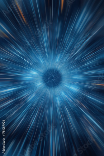 Abstract light speed motion background with blue starburst light trails zooming toward a central portal.