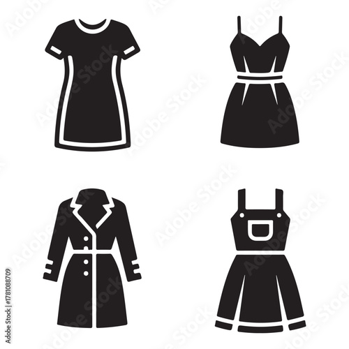 Four black silhouette icons of different clothing items on white background Keywords: clothing, icon