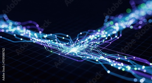 Leuchtender Datenstrom auf dunklem Raster
