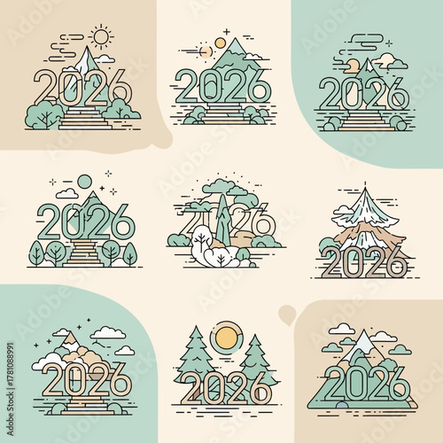 Collection of 2026 New Year concept icons featuring typography integrated into scenic mountain and forest line art illustrations