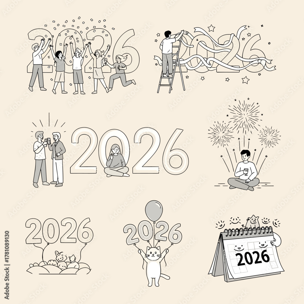 Naklejka premium Festive illustrations depicting various joyous activities and hopeful preparations for the upcoming year 2026, including celebrations, gift-giving, and future planning
