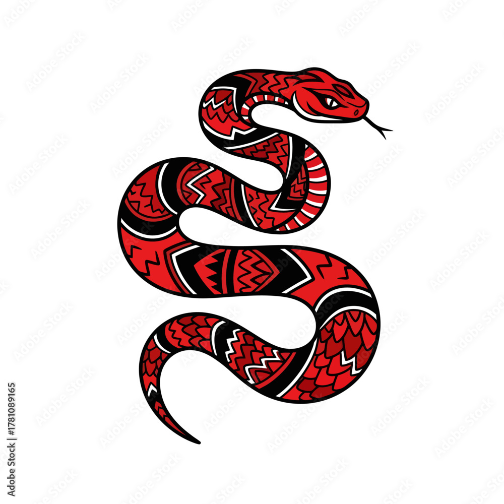 Obraz premium Red snake with black patterns on a white background, serpentine design