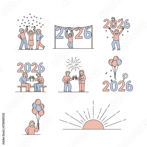 A set of minimalist line art illustrations showing people celebrating the New Year 2026 with parties, toasts, fireworks, and balloons