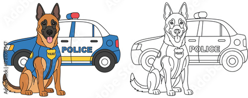 Adorable Police Dog German Shepherd with Police Car - K9 Unit Cartoon Vector Illustration