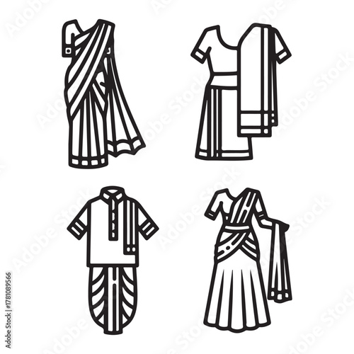 Four outline icons of Indian traditional clothing on white background Keywords: clothing, icon, outline