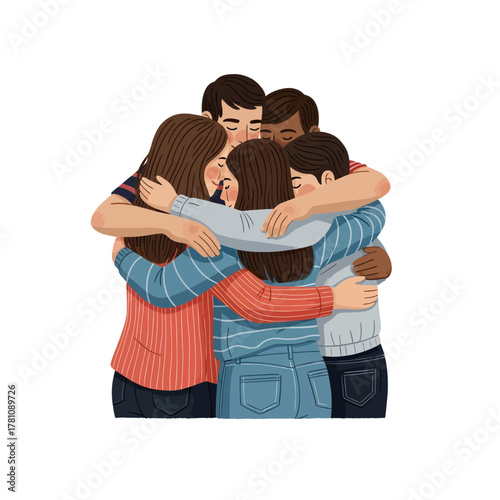 Embracing Together A Colorful Illustration of a Diverse Group's Affectionate Embrace