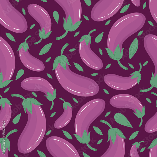 Cartoon eggplant seamless pattern. Hand drawn vegetable with leaves. Organic food, healthy eating. Flat vector illustration.