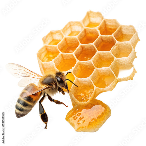 A bee on a honeycomb isolated on a transparent background