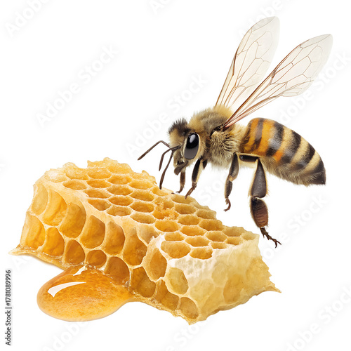 A bee on a honeycomb isolated on a transparent background