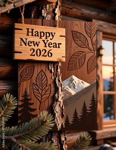 New Year 2026 Sign: A rustic wooden sign, etched with Happy New Year 2026, paired with artistic nature motifs and mountains, celebrating the start of a new chapter
