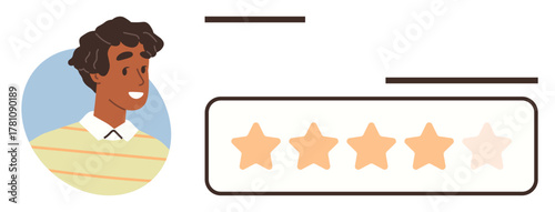 Smiling user portrait next to interactive review rating bar with five stars highlighted. Ideal for customer experience, feedback, profile, satisfaction, evaluation, product reviews, positive