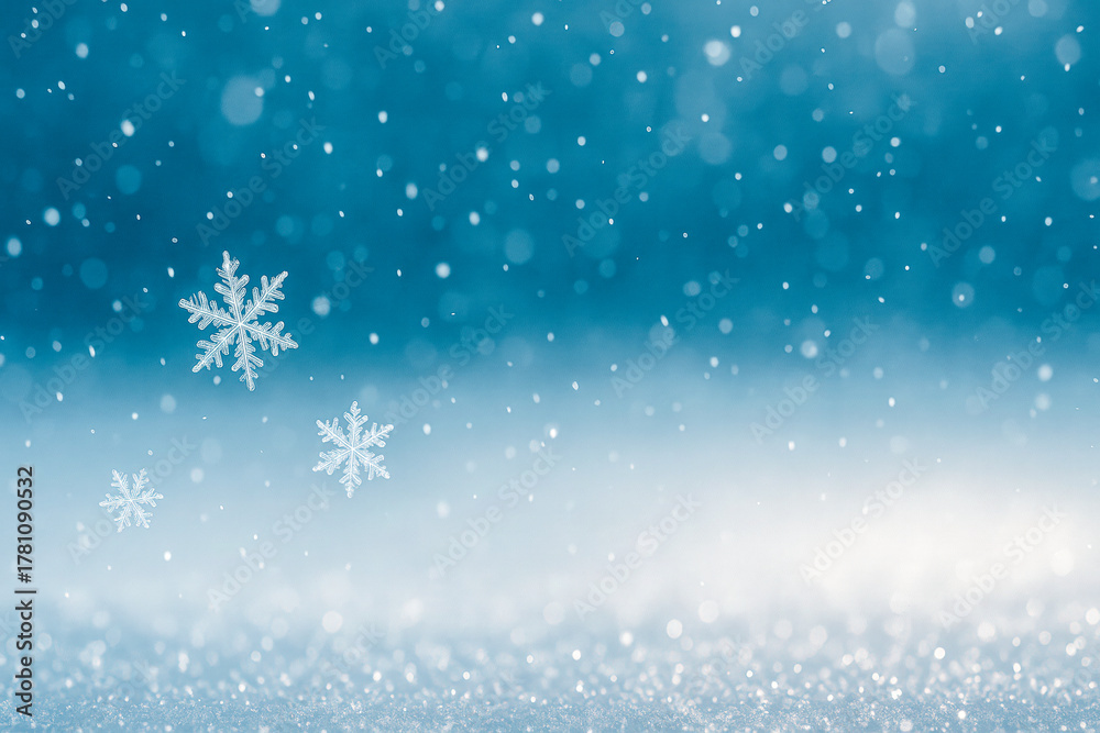 Fototapeta premium Horizontal close-up image of falling snowflakes set against a cool blue gradient background. The softly blurred flakes and bokeh lights create a dreamy, festive winter mood — ideal for holiday cards
