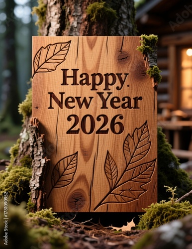 A Festive Greeting in Nature: An intricately carved wooden sign displays a warm Happy New Year 2026, set amidst a lush, natural environment, perfectly celebrating the promise of a new beginning.