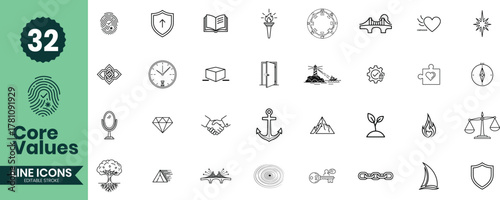 Core Values Line Icons Set 32 Ethics, Leadership, Integrity, and Personal Principles Outline Vector Illustrations