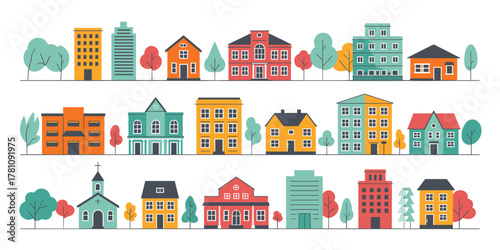 Collection Of Flat Design Houses And Buildings With Trees In Different Colors And Styles Keywords: flat design, illustration, buildings, houses
