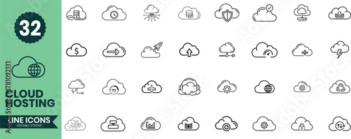 Cloud Hosting Line Icons Set 32 Cloud Computing, Data Storage, Hosting, and Server Technology Outline Vector Illustrations
